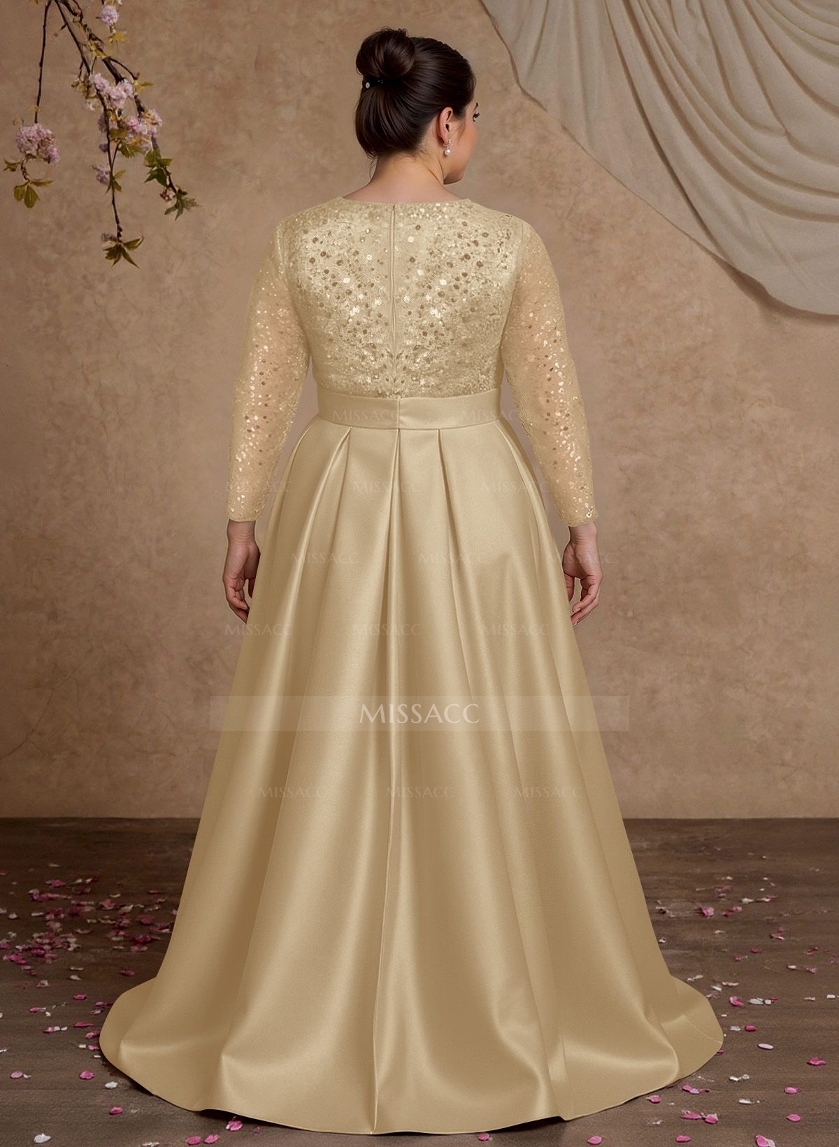 A-Line V-Neck Long Sleeves Satin/Sequined Mother Of The Bride Dresses With Pleated