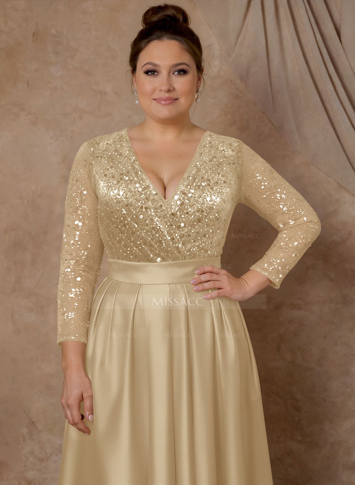 A-Line V-Neck Long Sleeves Satin/Sequined Mother Of The Bride Dresses With Pleated