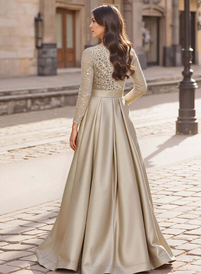 A-Line V-Neck Long Sleeves Satin/Sequined Mother Of The Bride Dresses With Pleated