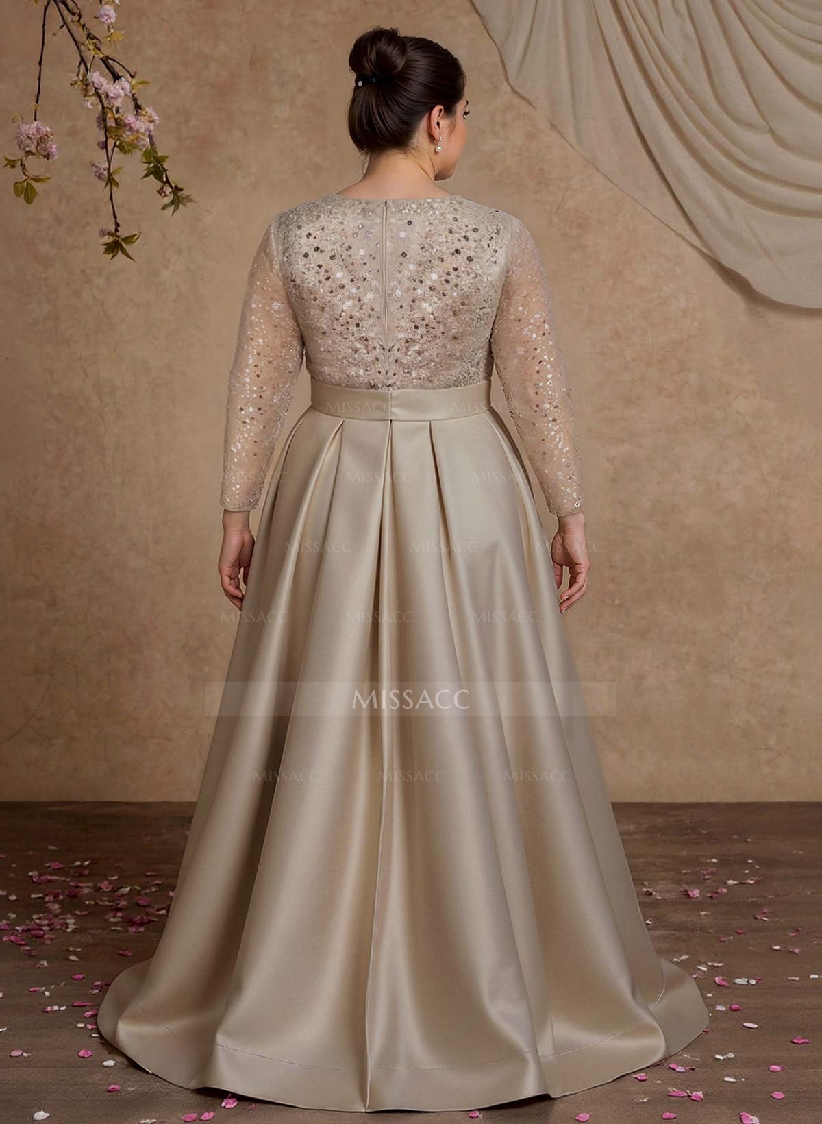 A-Line V-Neck Long Sleeves Satin/Sequined Mother Of The Bride Dresses With Pleated