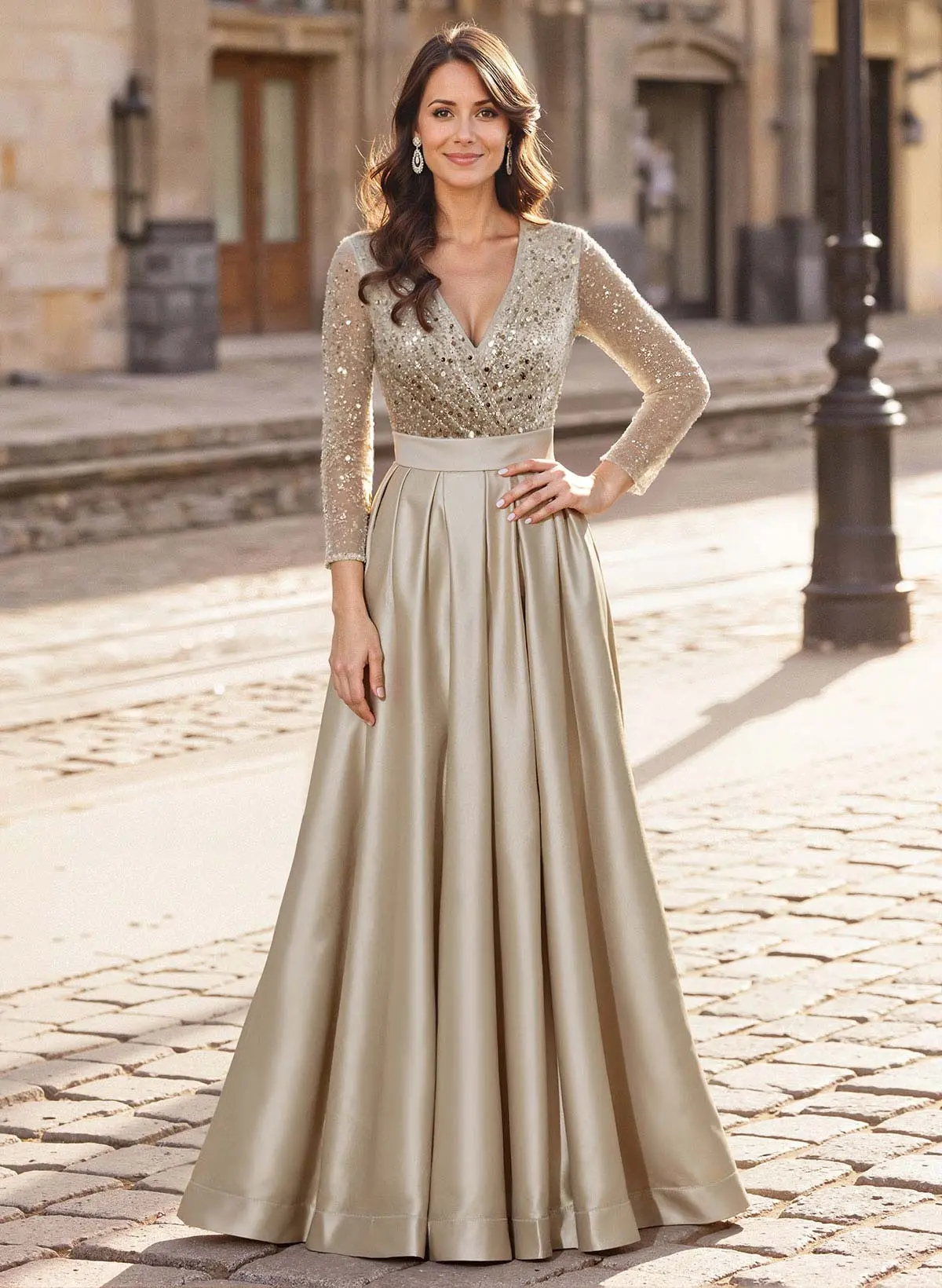A-Line V-Neck Long Sleeves Satin/Sequined Mother Of The Bride Dresses With Pleated