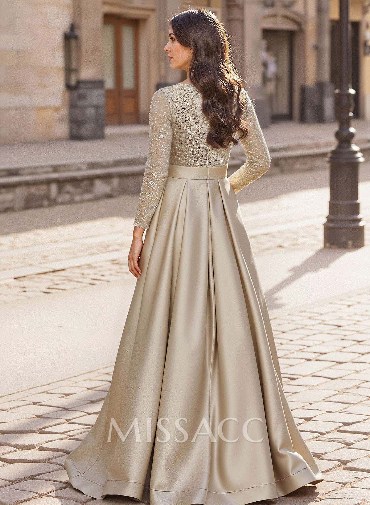 A-Line V-Neck Long Sleeves Satin/Sequined Mother Of The Bride Dresses With Pleated A-Line V-Neck Long Sleeves Satin/Sequined Mother Of The Bride Dresses With Pleated