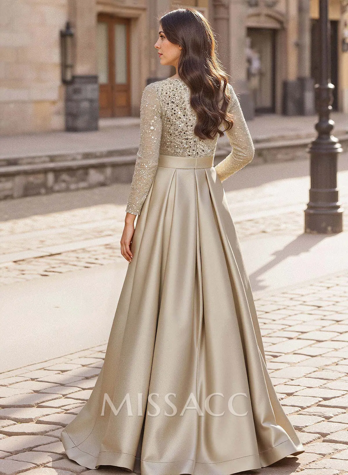 A-Line V-Neck Long Sleeves Satin/Sequined Mother Of The Bride Dresses With Pleated - Missacc A-Line V-Neck Long Sleeves Satin/Sequined Mother Of The Bride Dresses With Pleated - Missacc