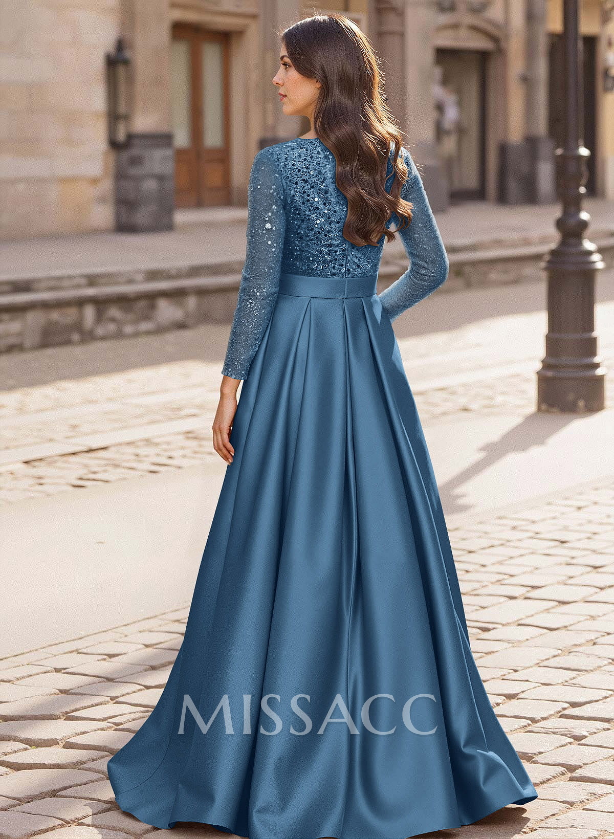 A-Line V-Neck Long Sleeves Satin/Sequined Mother Of The Bride Dresses With Pleated