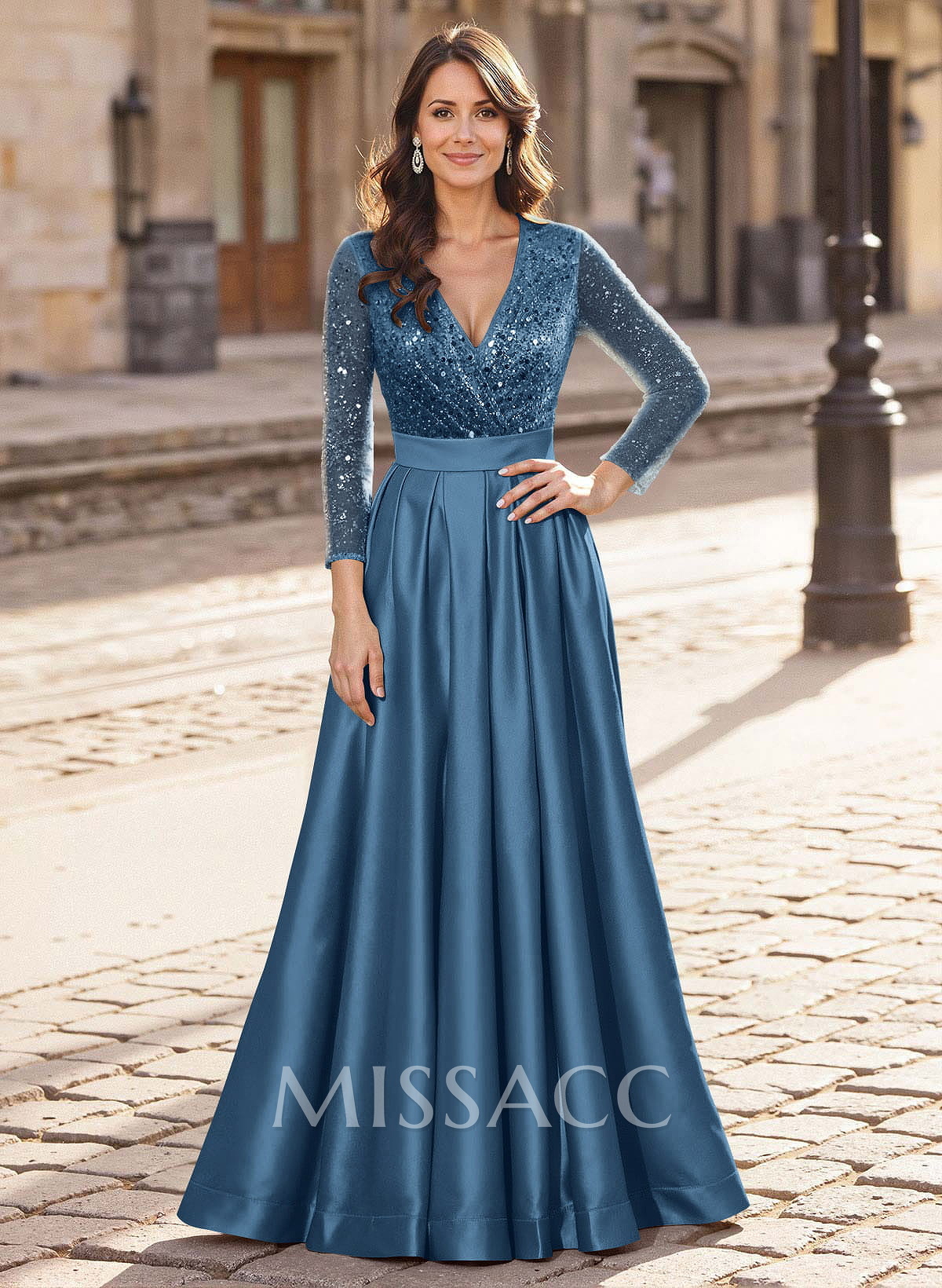A-Line V-Neck Long Sleeves Satin/Sequined Mother Of The Bride Dresses With Pleated