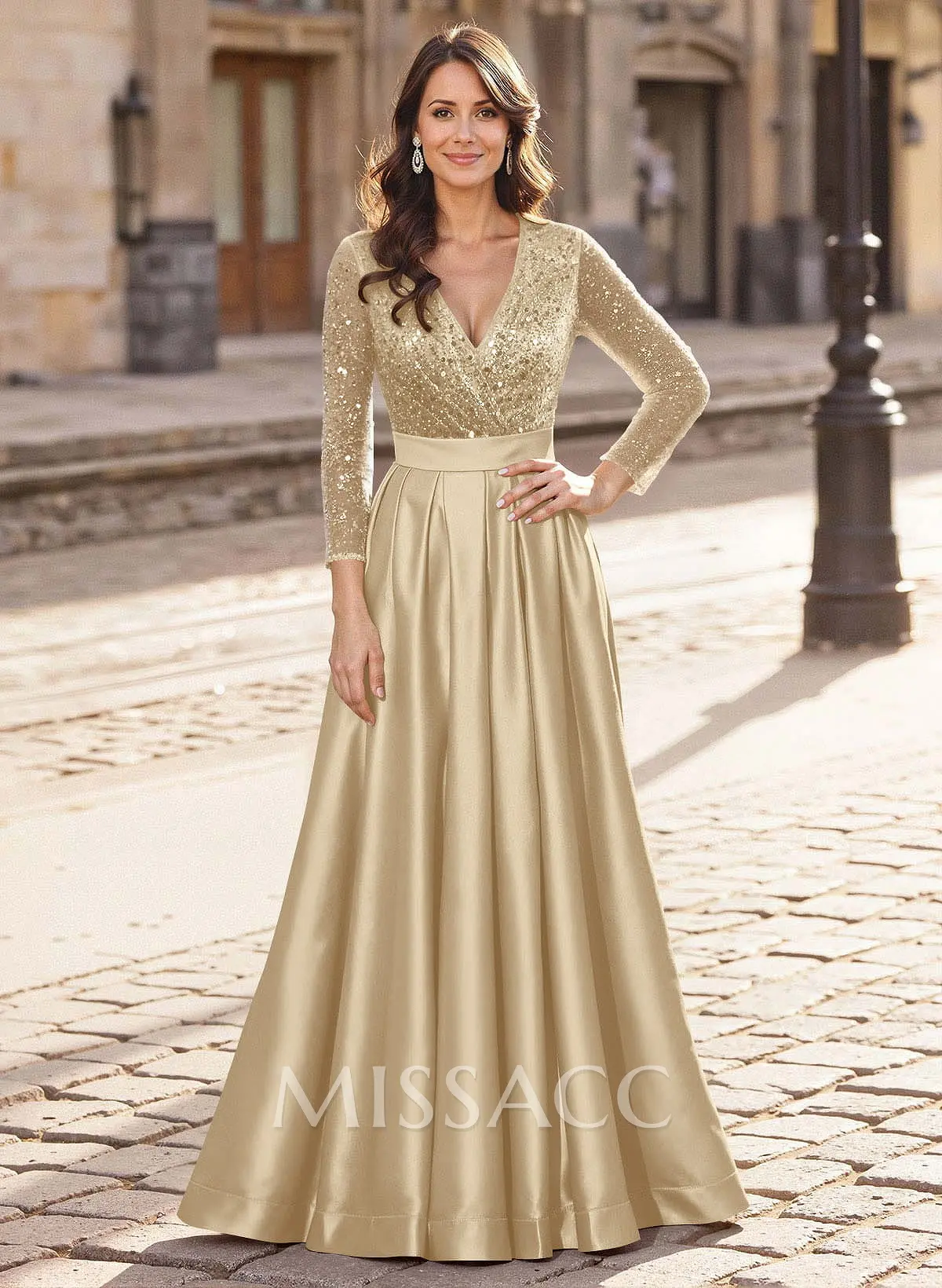 A-Line V-Neck Long Sleeves Satin/Sequined Mother Of The Bride Dresses With Pleated - Missacc A-Line V-Neck Long Sleeves Satin/Sequined Mother Of The Bride Dresses With Pleated - Missacc