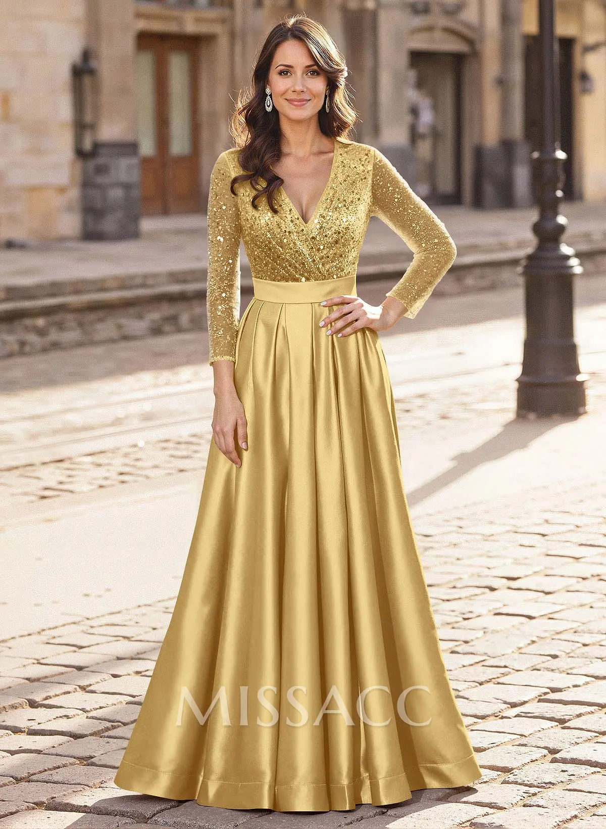 A-Line V-Neck Long Sleeves Satin/Sequined Mother Of The Bride