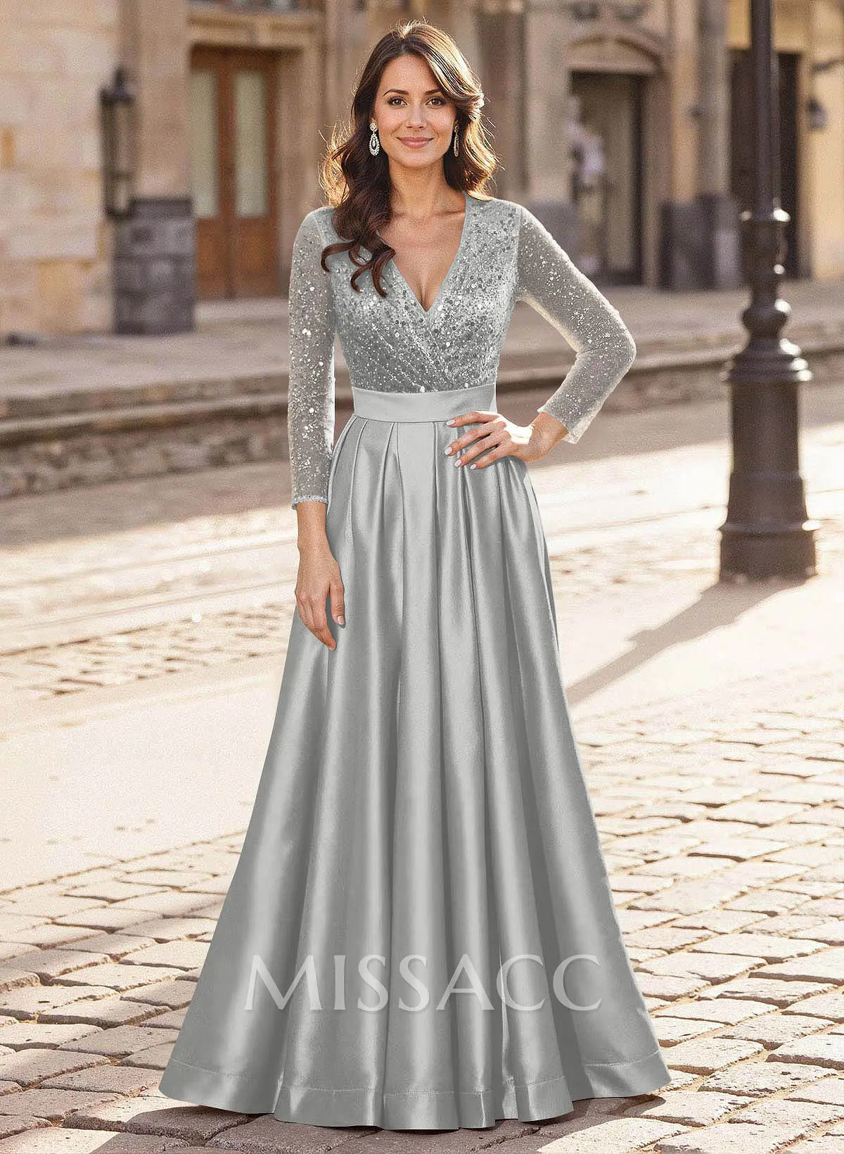 A-Line V-Neck Long Sleeves Satin/Sequined Mother Of The Bride