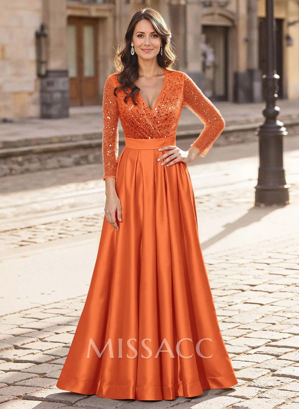 A-Line V-Neck Long Sleeves Satin/Sequined Mother Of The Bride