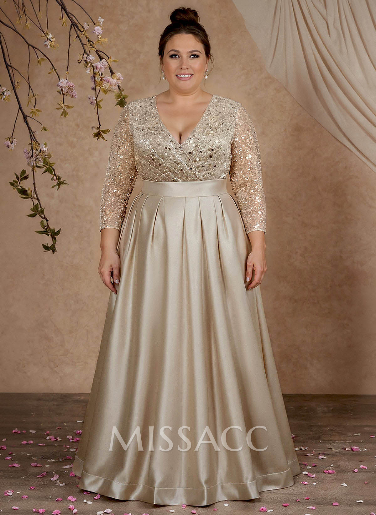 A-Line V-Neck Long Sleeves Satin/Sequined Mother Of The Bride Dresses With Pleated A-Line V-Neck Long Sleeves Satin/Sequined Mother Of The Bride Dresses With Pleated