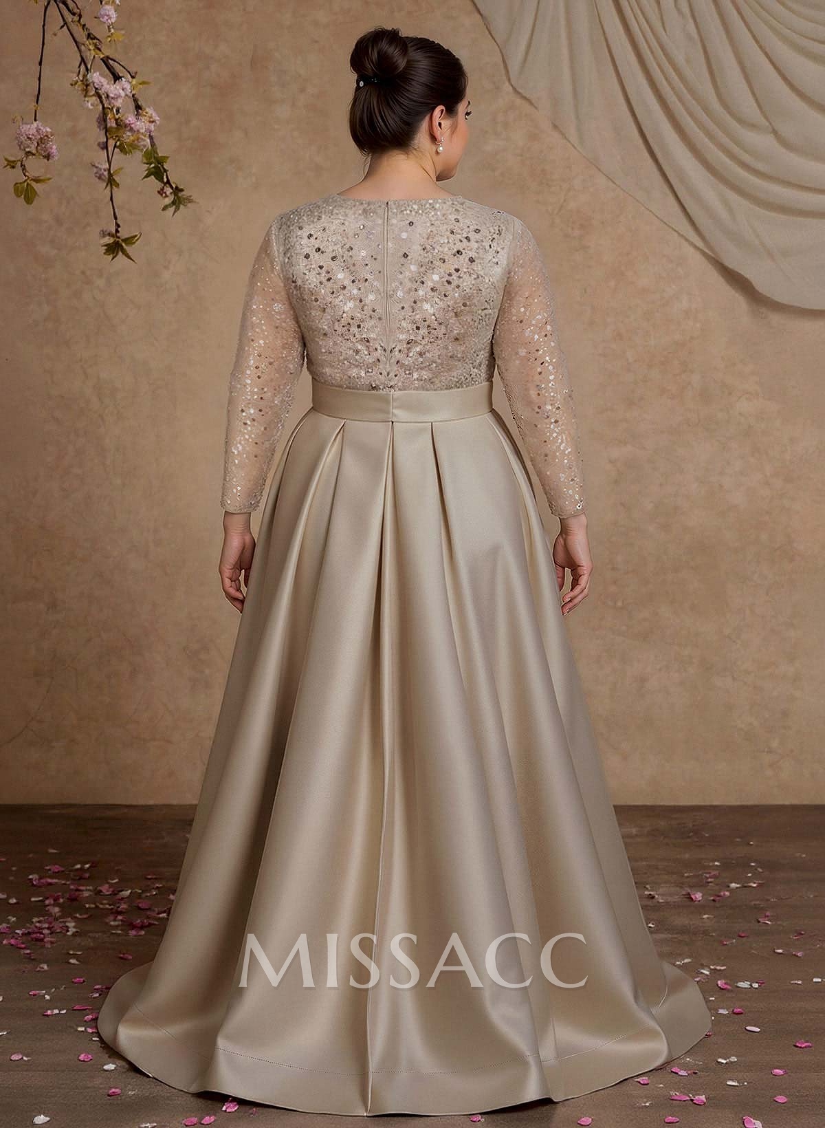 A-Line V-Neck Long Sleeves Satin/Sequined Mother Of The Bride Dresses With Pleated A-Line V-Neck Long Sleeves Satin/Sequined Mother Of The Bride Dresses With Pleated