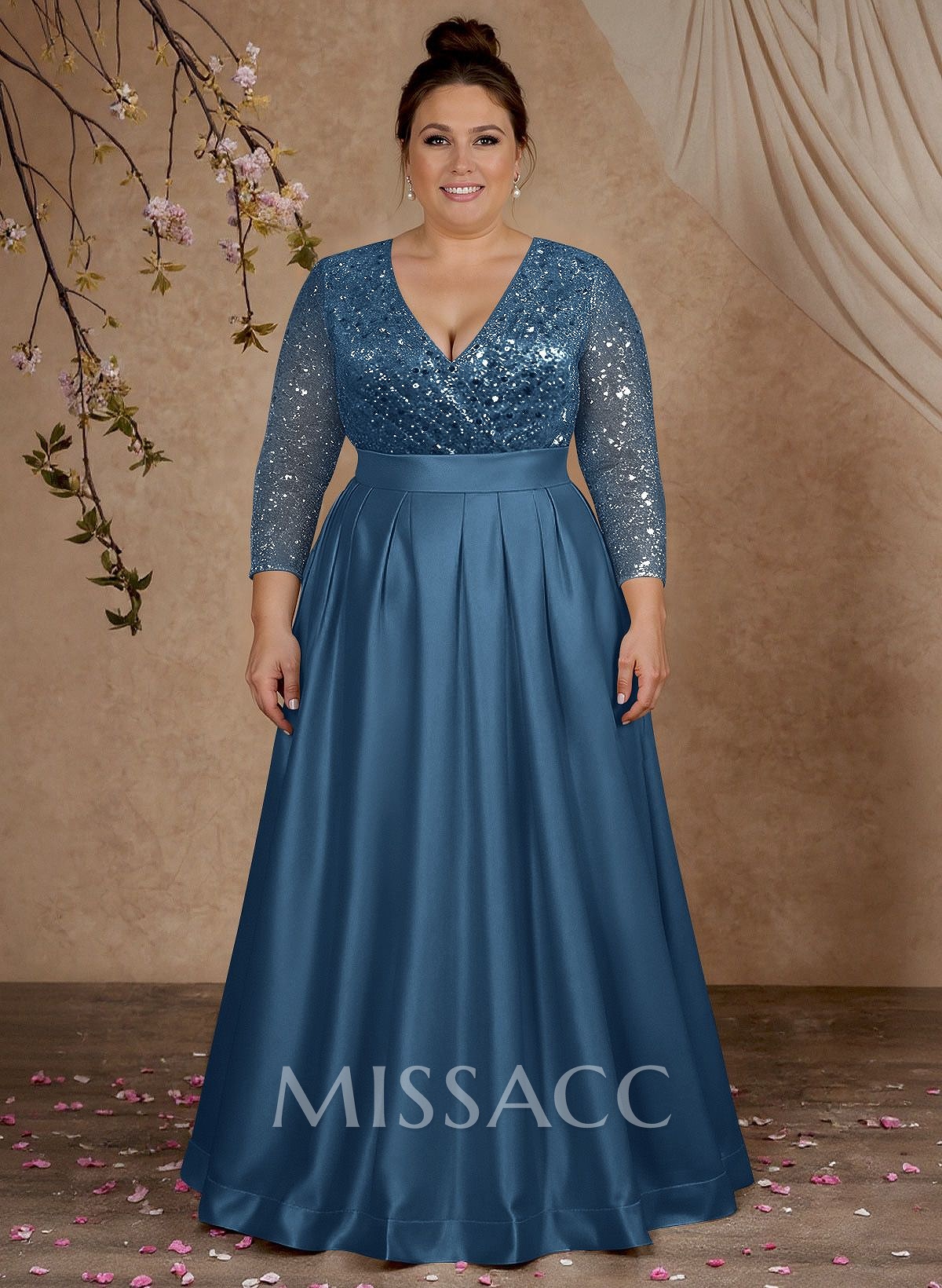 A-Line V-Neck Long Sleeves Satin/Sequined Mother Of The Bride Dresses With Pleated