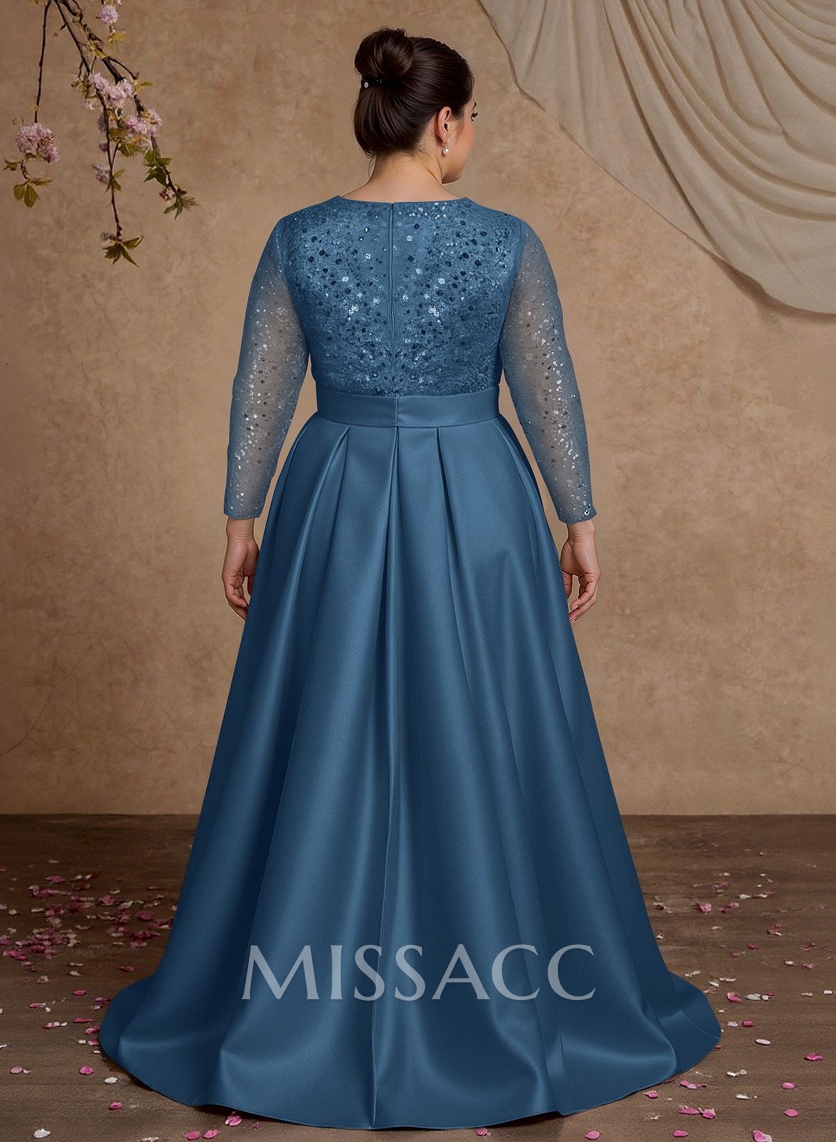 A-Line V-Neck Long Sleeves Satin/Sequined Mother Of The Bride Dresses With Pleated