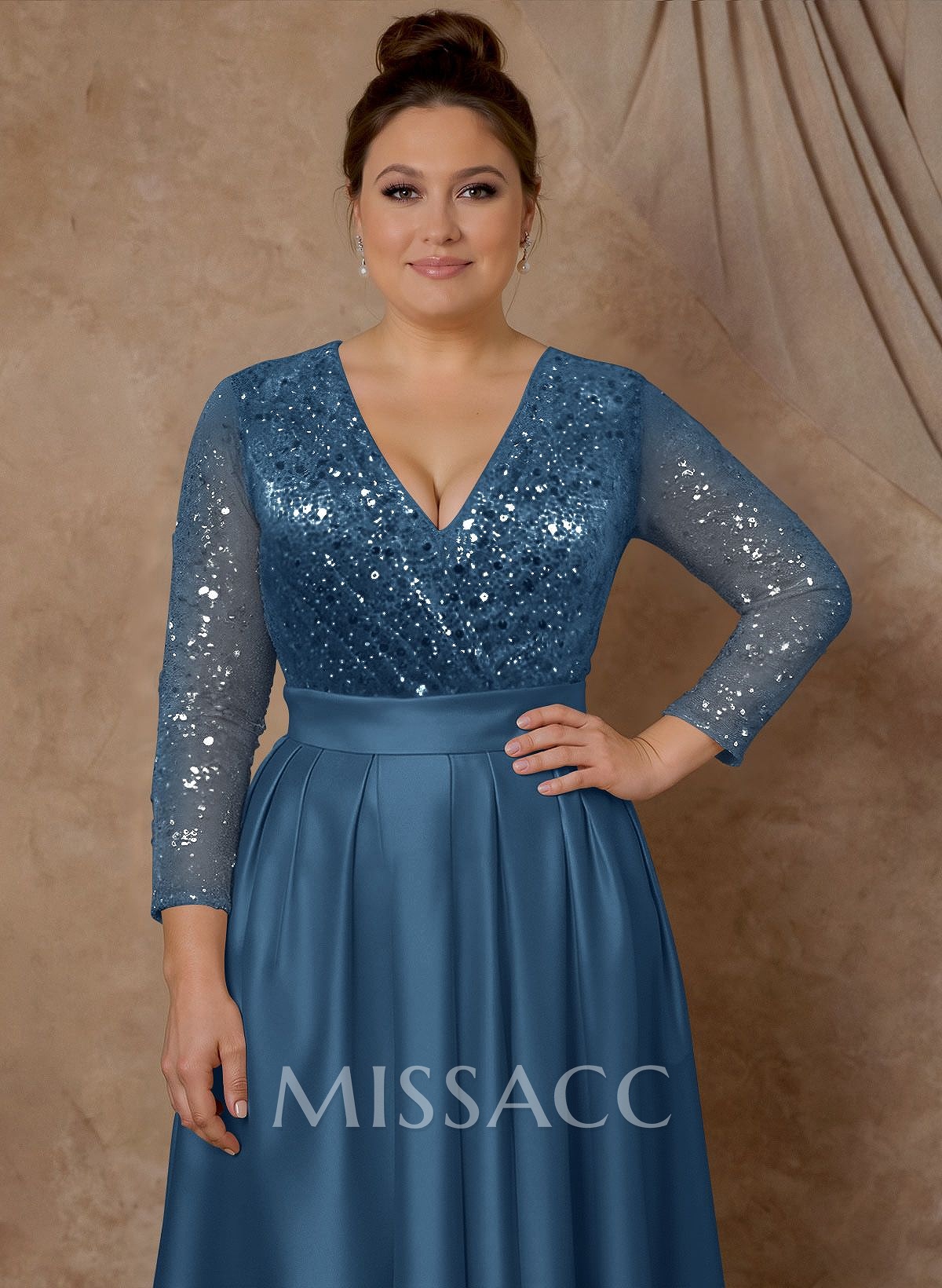 A-Line V-Neck Long Sleeves Satin/Sequined Mother Of The Bride Dresses With Pleated