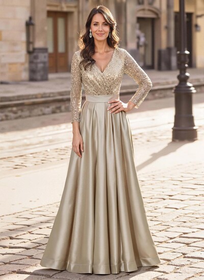 A-Line V-Neck Long Sleeves Satin/Sequined Mother Of The Bride Dresses With Pleated