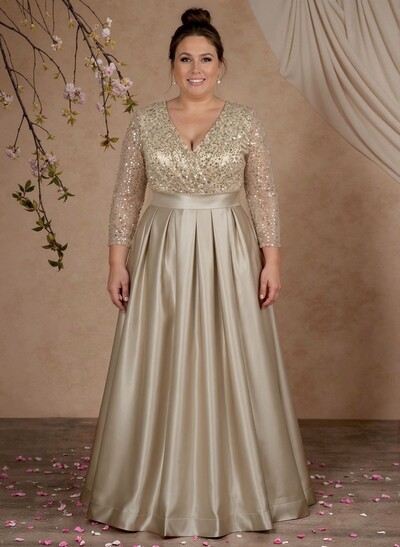 A-Line V-Neck Long Sleeves Satin/Sequined Mother Of The Bride Dresses With Pleated