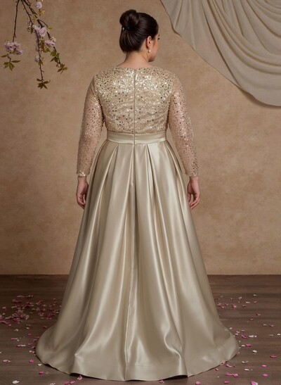 A-Line V-Neck Long Sleeves Satin/Sequined Mother Of The Bride Dresses With Pleated
