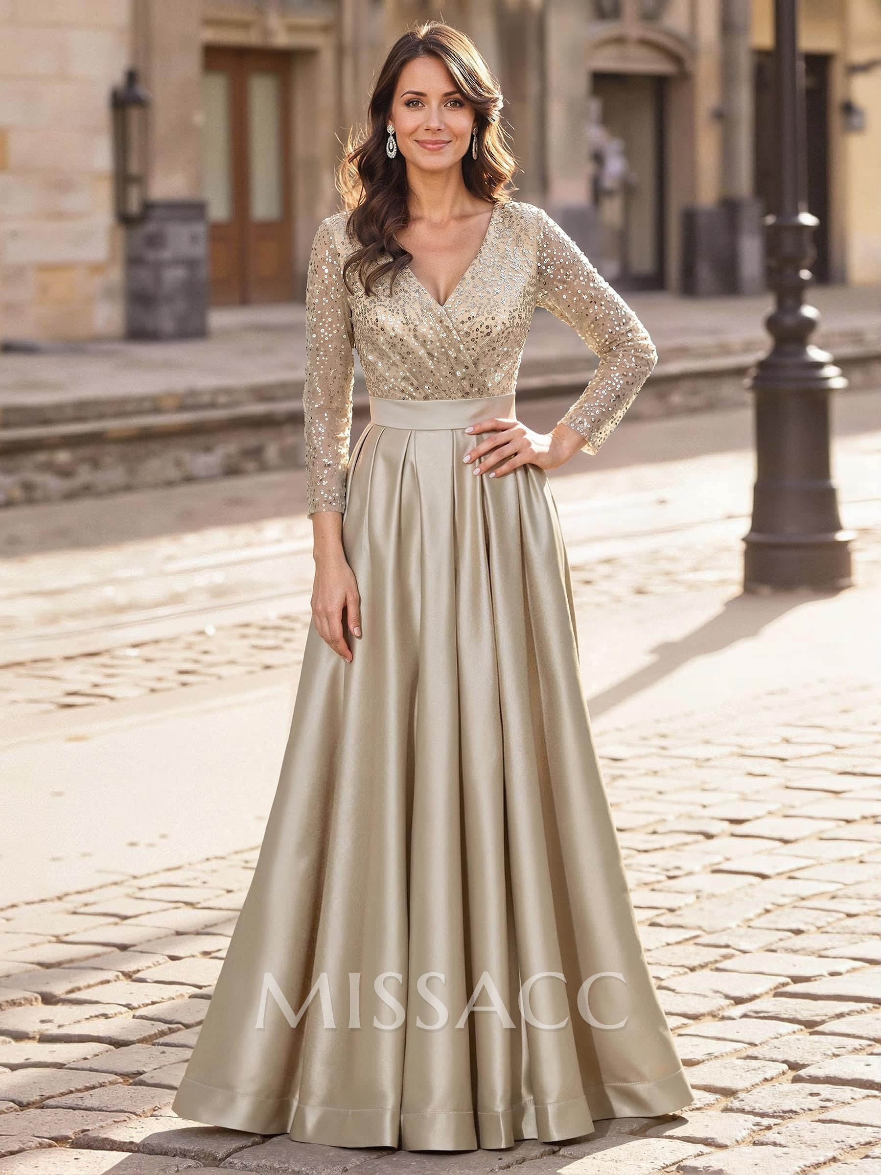A-Line V-Neck Long Sleeves Satin/Sequined Mother Of The Bride Dresses With Pleated