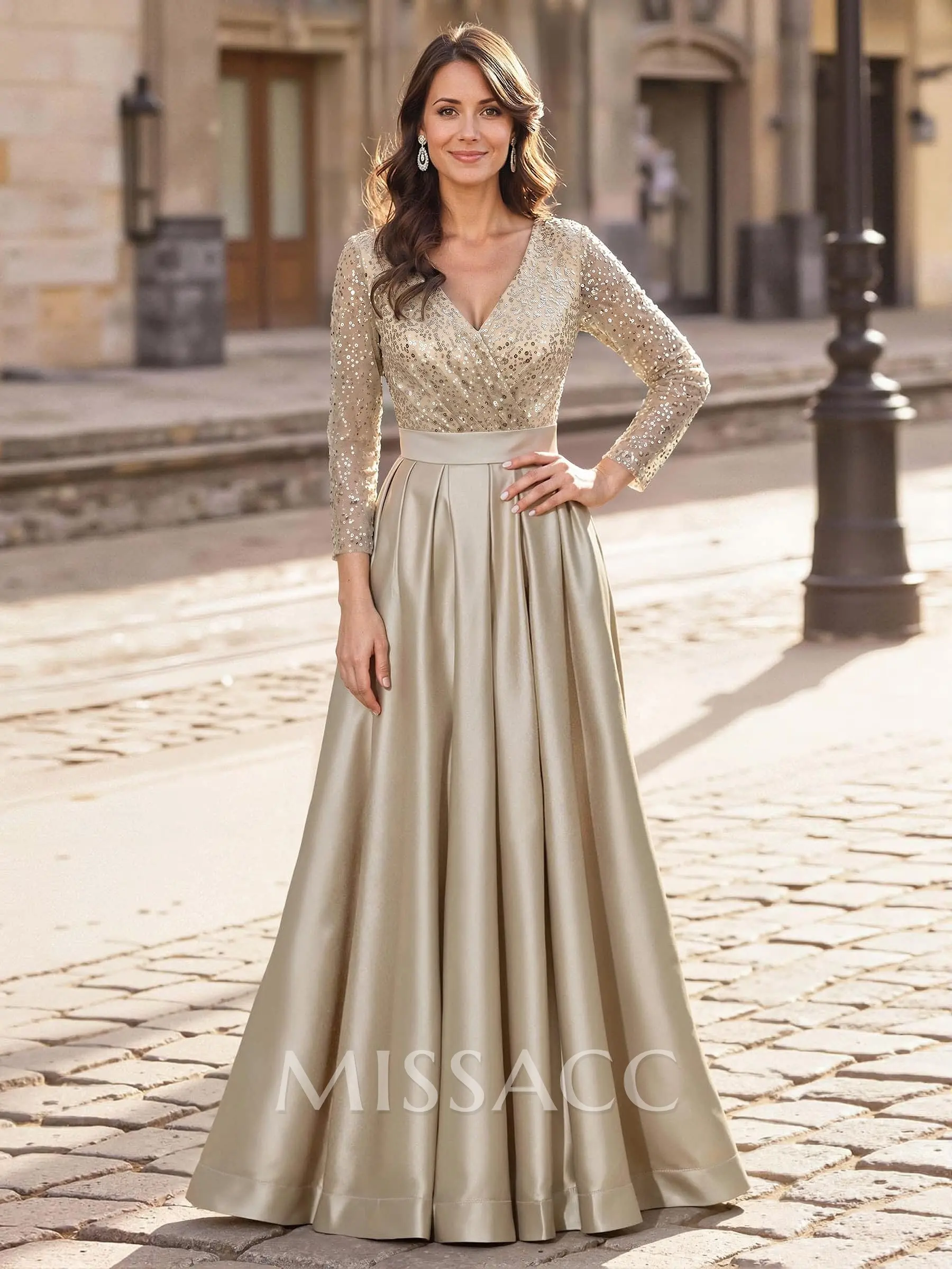 A-Line V-Neck Long Sleeves Satin/Sequined Mother Of The Bride