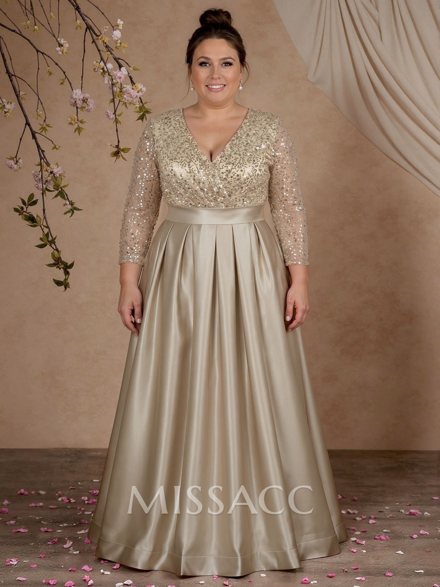 A-Line V-Neck Long Sleeves Satin/Sequined Mother Of The Bride Dresses With Pleated
