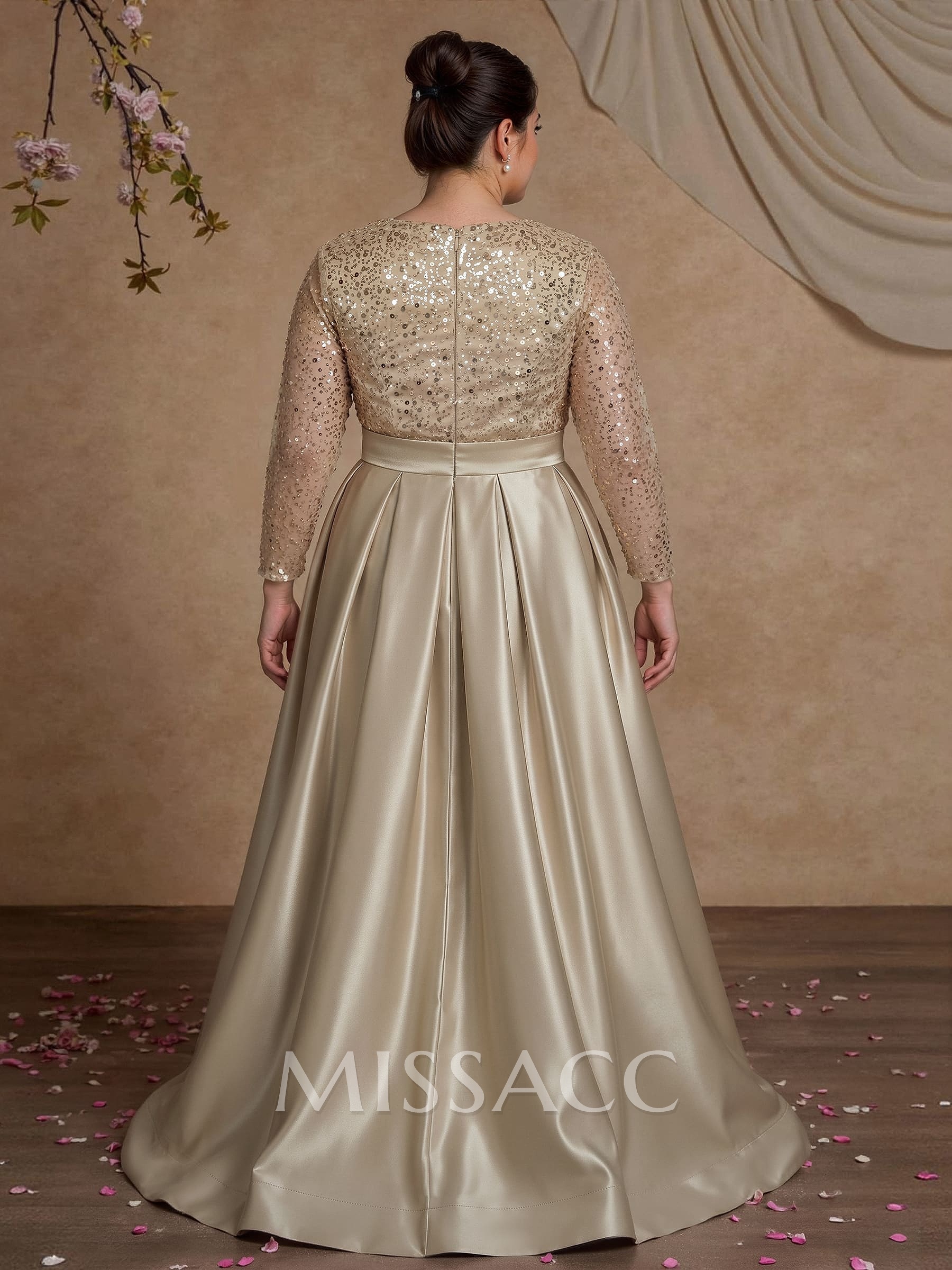 A-Line V-Neck Long Sleeves Satin/Sequined Mother Of The Bride Dresses With Pleated