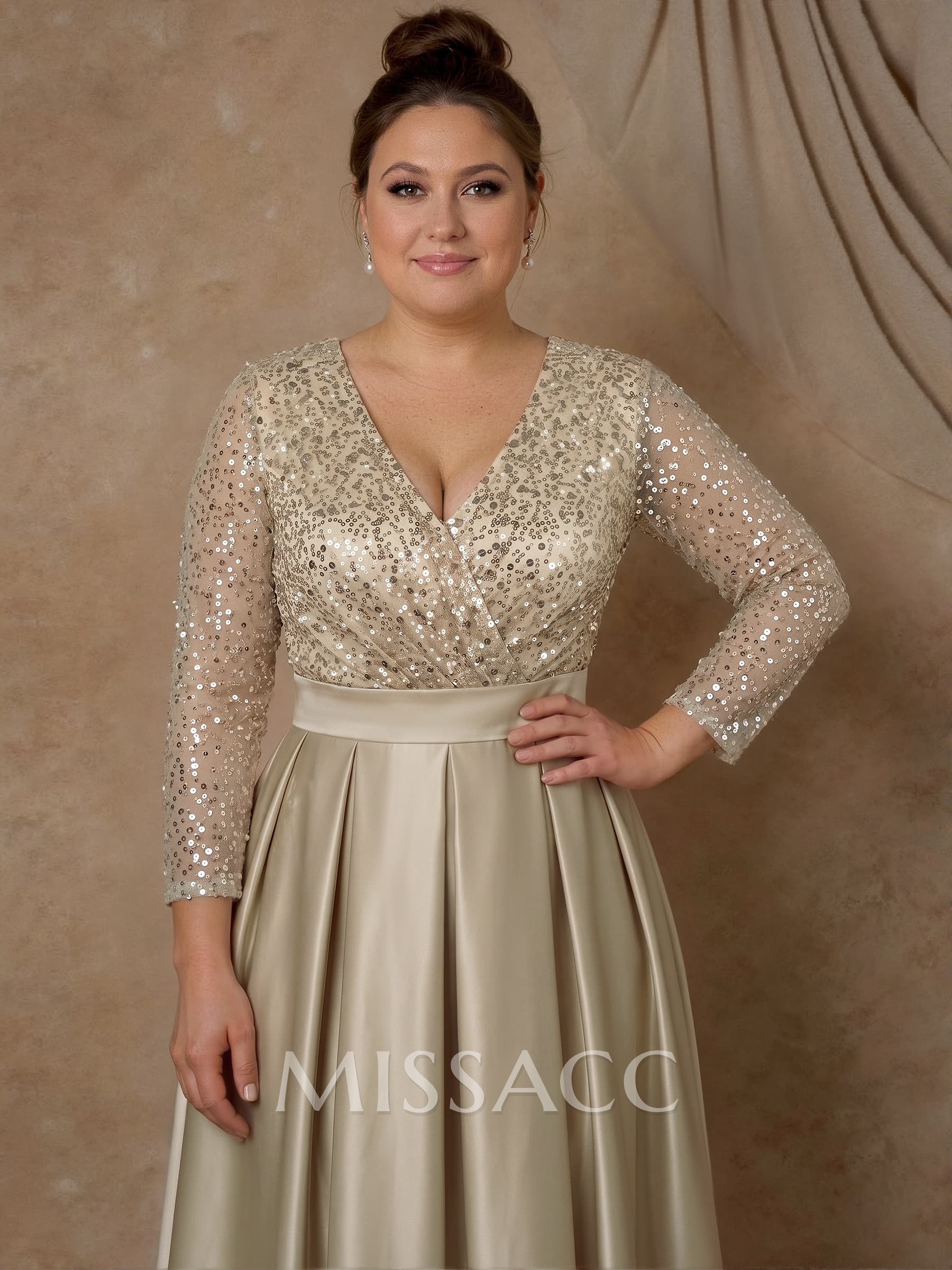 A-Line V-Neck Long Sleeves Satin/Sequined Mother Of The Bride Dresses With Pleated