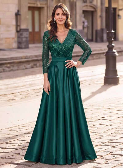 A-Line V-Neck Long Sleeves Satin/Sequined Mother Of The Bride Dresses With Pleated