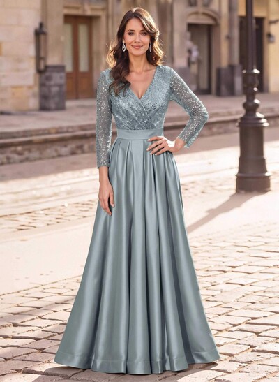 A-Line V-Neck Long Sleeves Satin/Sequined Mother Of The Bride Dresses With Pleated