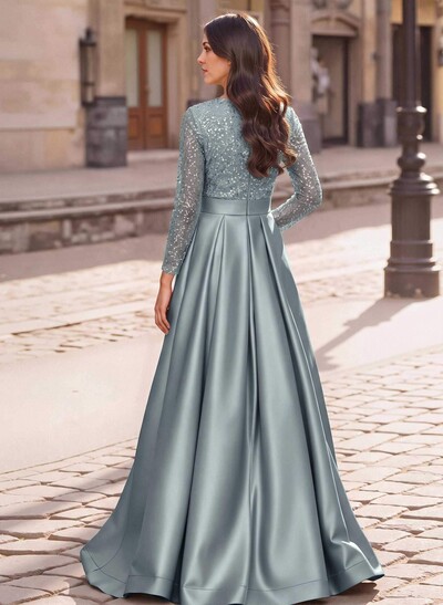 A-Line V-Neck Long Sleeves Satin/Sequined Mother Of The Bride Dresses With Pleated