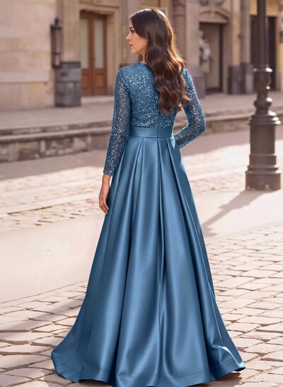 A-Line V-Neck Long Sleeves Satin/Sequined Mother Of The Bride Dresses With Pleated