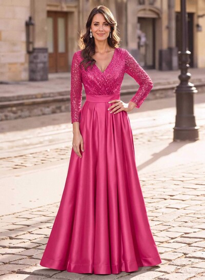 A-Line V-Neck Long Sleeves Satin/Sequined Mother Of The Bride Dresses With Pleated