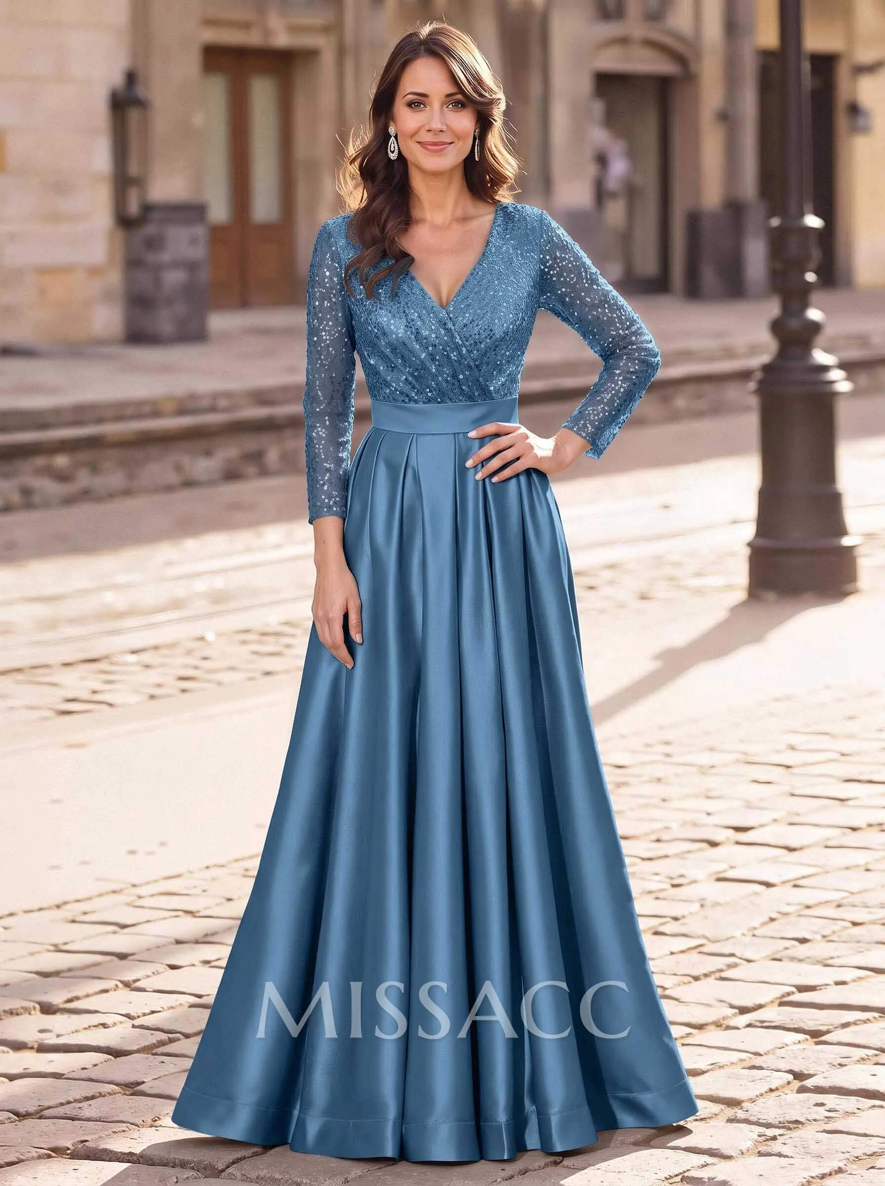 A-Line V-Neck Long Sleeves Satin/Sequined Mother Of The Bride