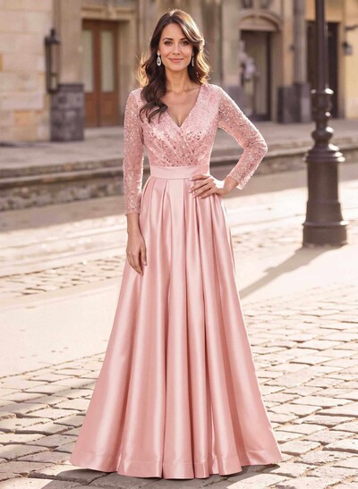 A-Line V-Neck Long Sleeves Satin/Sequined Mother Of The Bride Dresses With Pleated