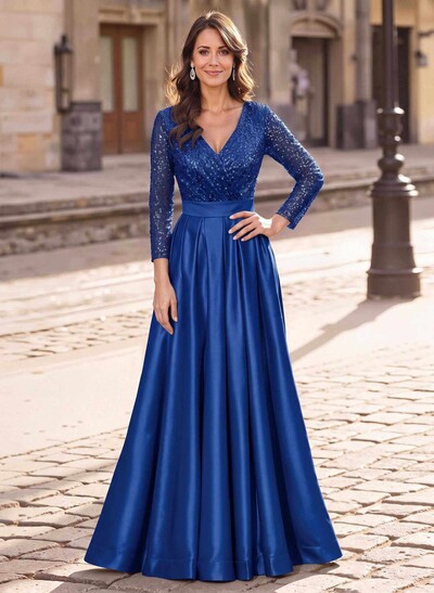 A-Line V-Neck Long Sleeves Satin/Sequined Mother Of The Bride Dresses With Pleated