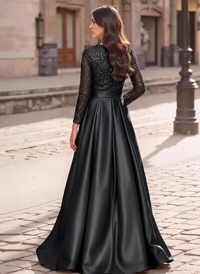 A-Line V-Neck Long Sleeves Satin/Sequined Mother Of The Bride Dresses With Pleated