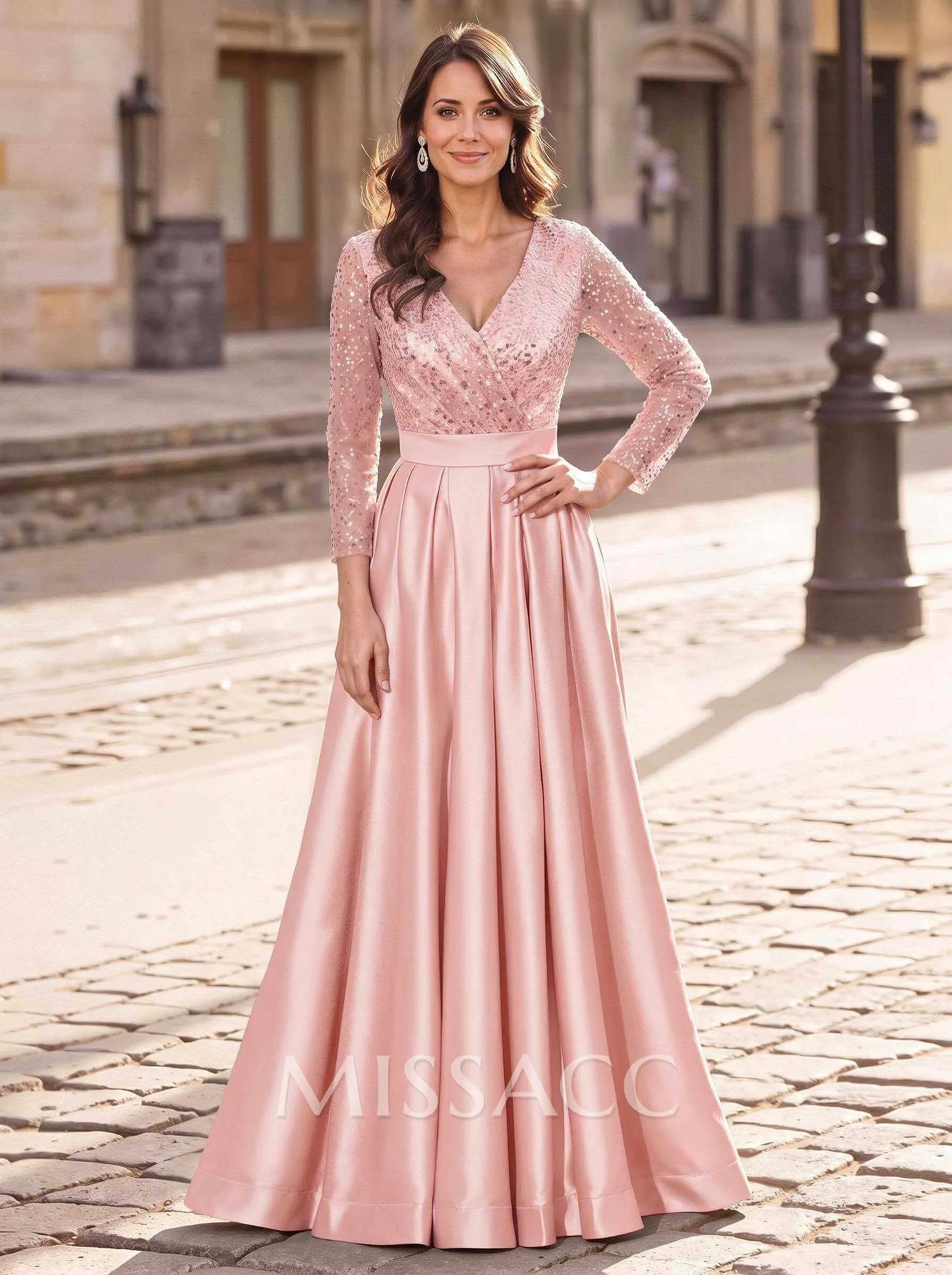 A-Line V-Neck Long Sleeves Satin/Sequined Mother Of The Bride