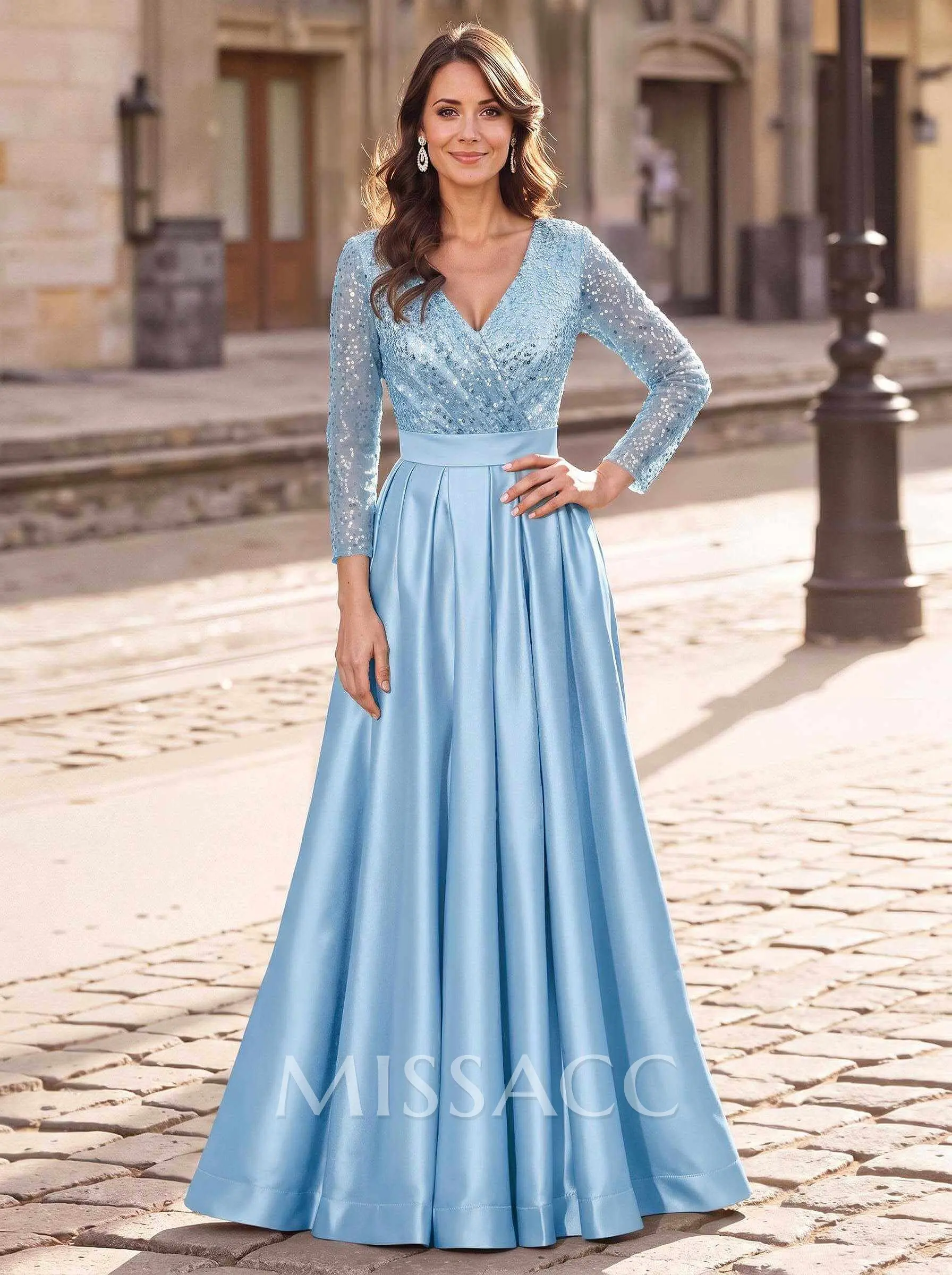 micaah formal dresses A-Line V-Neck Long Sleeves Satin/Sequined Mother Of The Bride With Pleated fitted corset formal gown