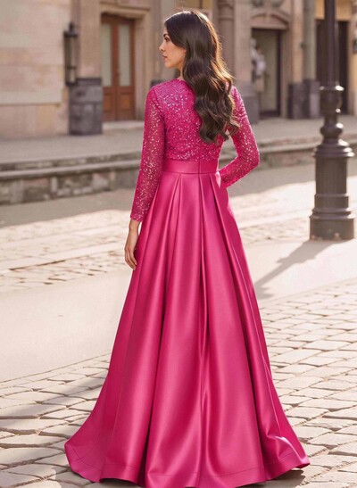 A-Line V-Neck Long Sleeves Satin/Sequined Mother Of The Bride Dresses With Pleated