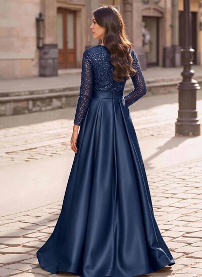A-Line V-Neck Long Sleeves Satin/Sequined Mother Of The Bride Dresses With Pleated