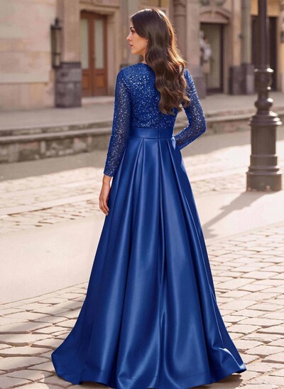A-Line V-Neck Long Sleeves Satin/Sequined Mother Of The Bride Dresses With Pleated