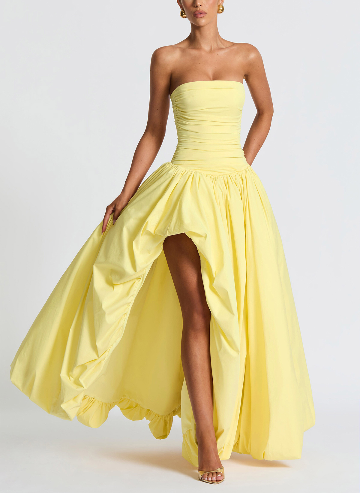 Sweet & Flow Ruched Strapless Sleeveless A-Line Asymmetrical Length Taffeta Prom Dresses