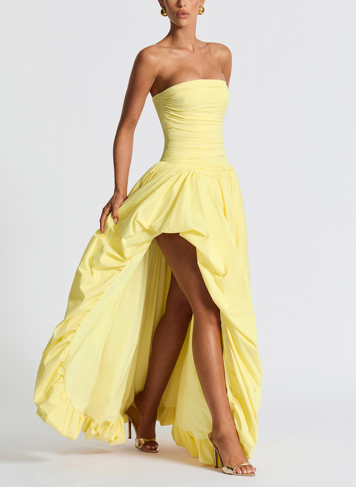 Sweet & Flow Ruched Strapless Sleeveless A-Line Asymmetrical Length Taffeta Prom Dresses