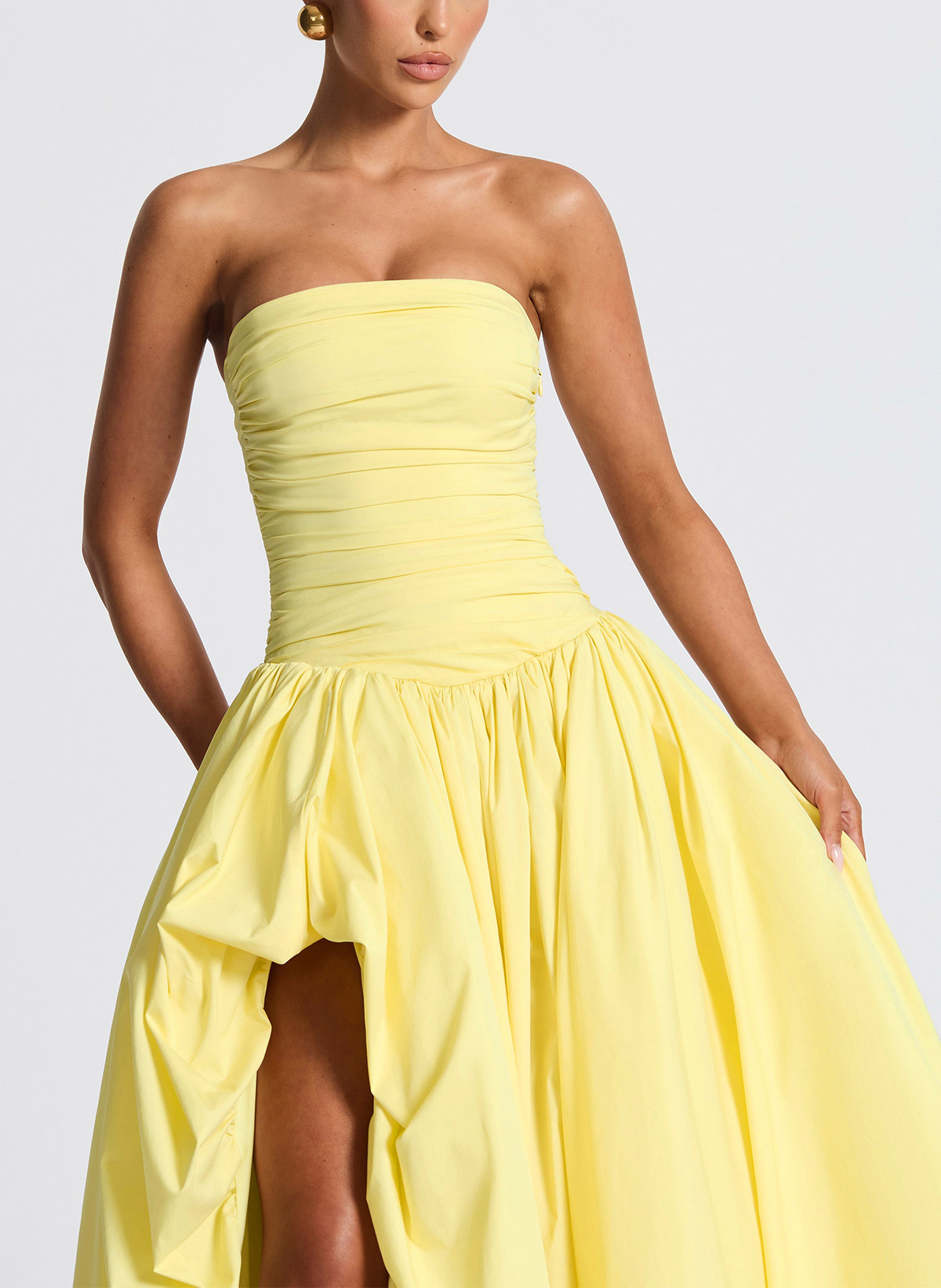 Sweet & Flow Ruched Strapless Sleeveless A-Line Asymmetrical Length Taffeta Prom Dresses