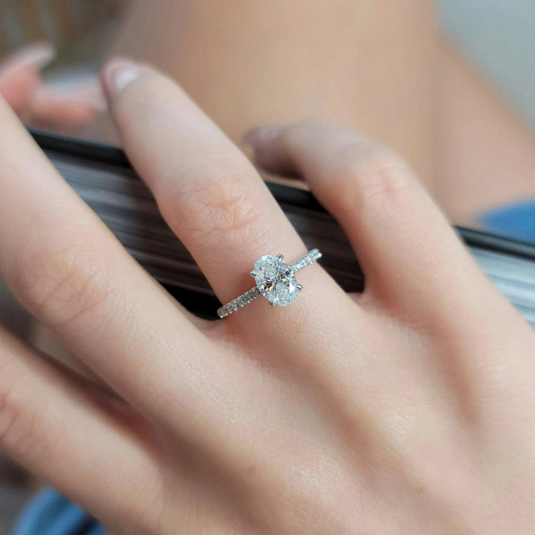2CT Oval Cut Moissanite Hidden Halo Engagement Ring In Sterling Silver