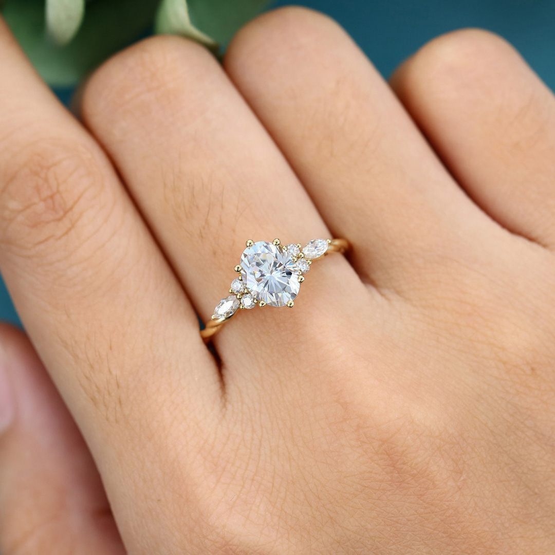 2CT Oval & Round Moissanite Engagement Ring In Sterling Silver