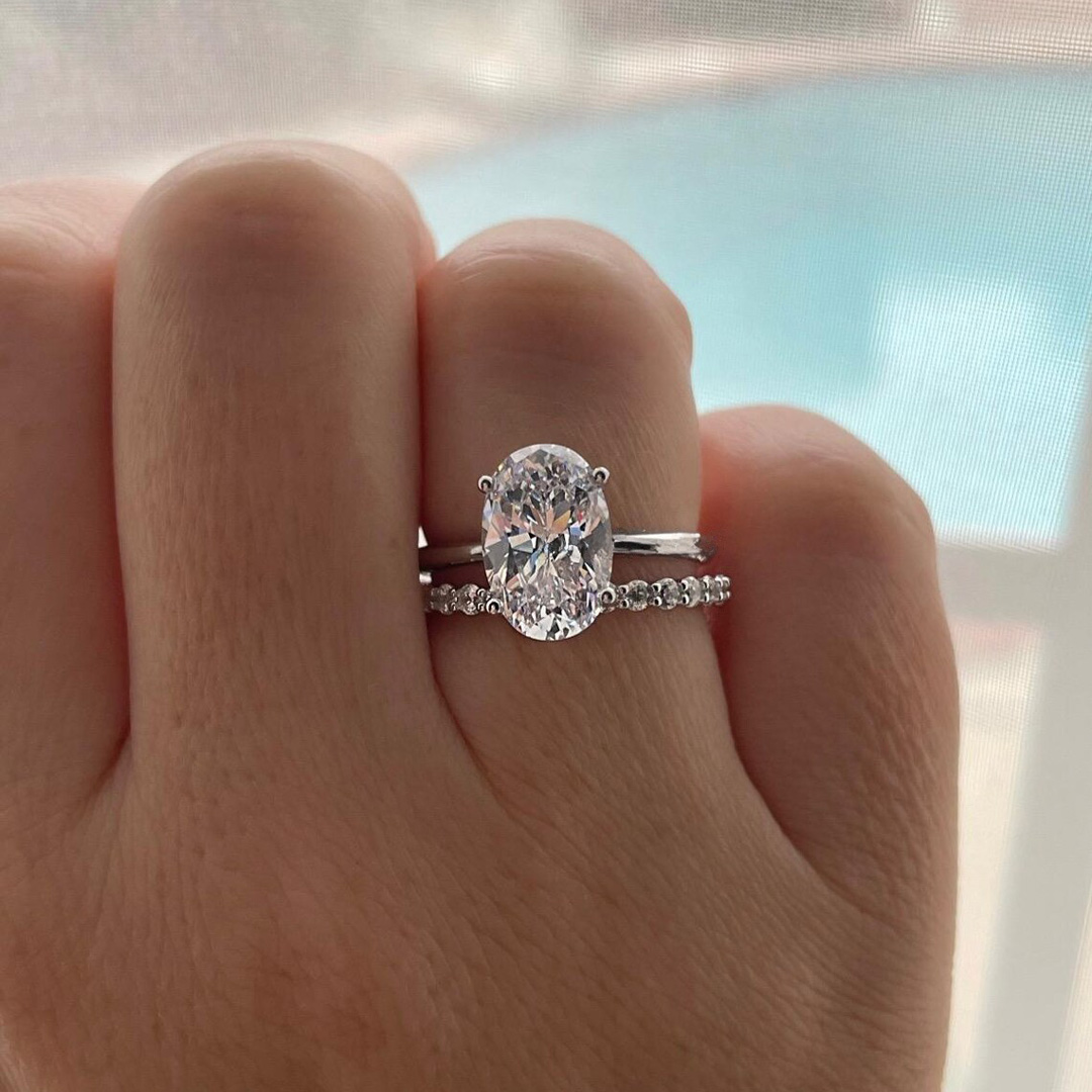 2CT Oval & Round Cut Moissanite Engagement Ring Sets In Sterling Silver