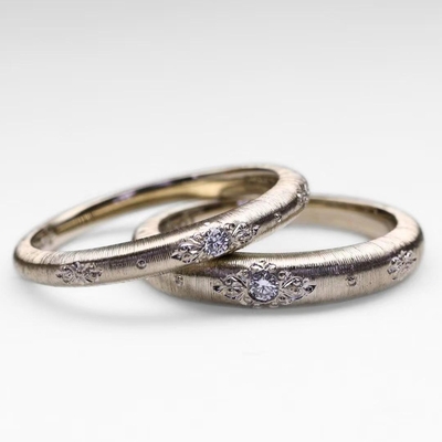 Vintage Moissanite Unique Engraved Wedding Band Sets In Sterling Silver