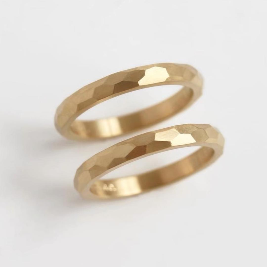 Faceted Gold Wedding Bands Set In Sterling Silver