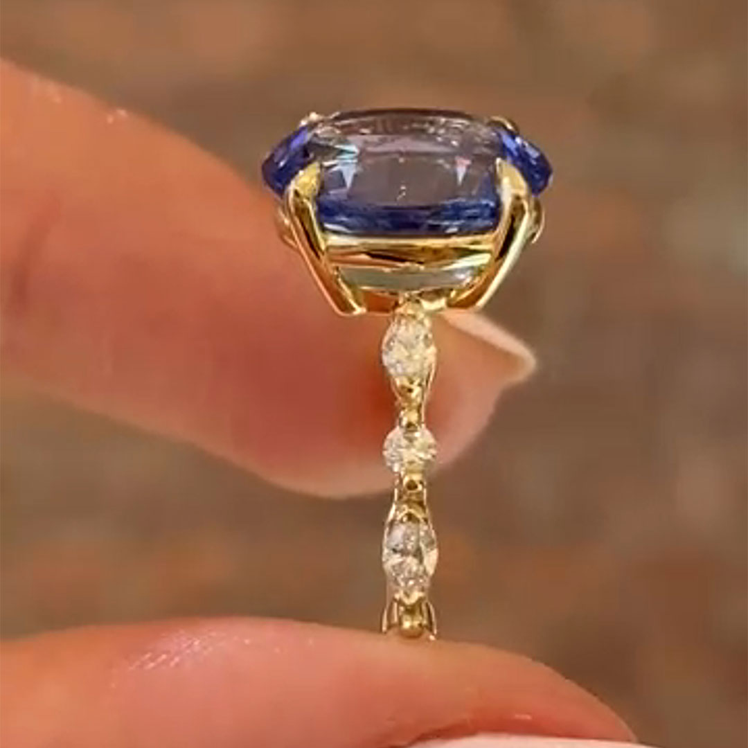 2CT Blue Oval Cut High Carbon Stone & Colorless Moissanite Engagement Ring In Sterling Silver