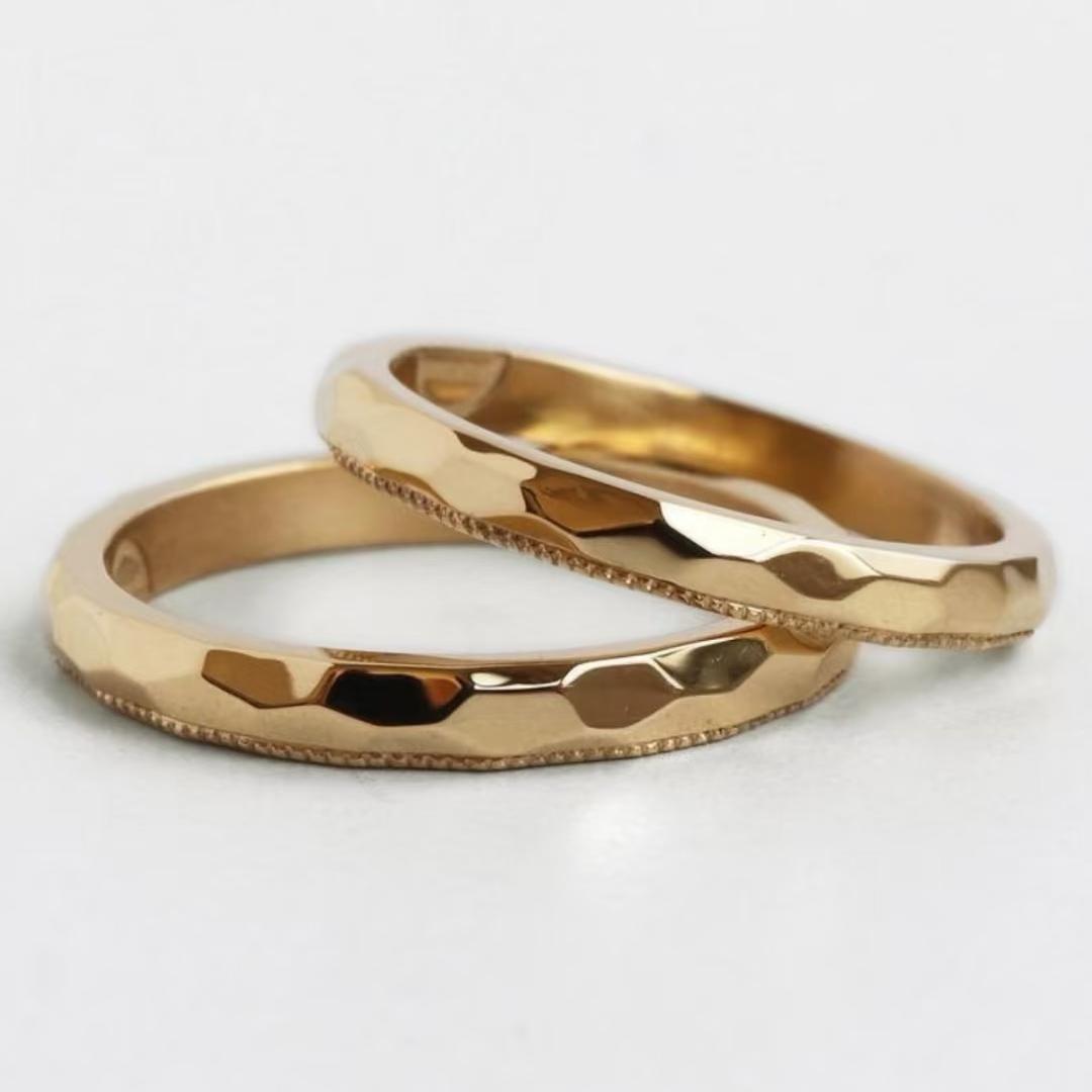 Textured Gold Wedding Band Set With Polished And Hammered Finishes In Sterling Silver